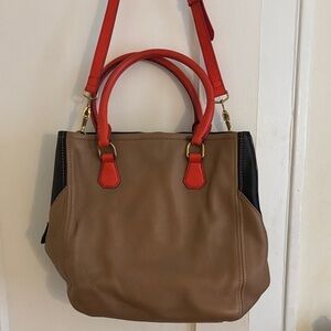 J. Crew Two-Tone leather Satchel and laptop bag in Tan with Coral Handles.